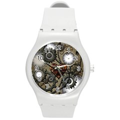 Steampunk With Clocks And Gears And Heart Round Plastic Sport Watch (m)