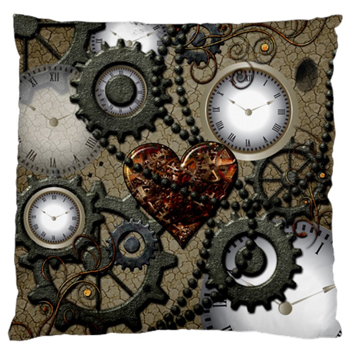 Steampunk With Clocks And Gears And Heart Large Cushion Cases (Two Sides) 