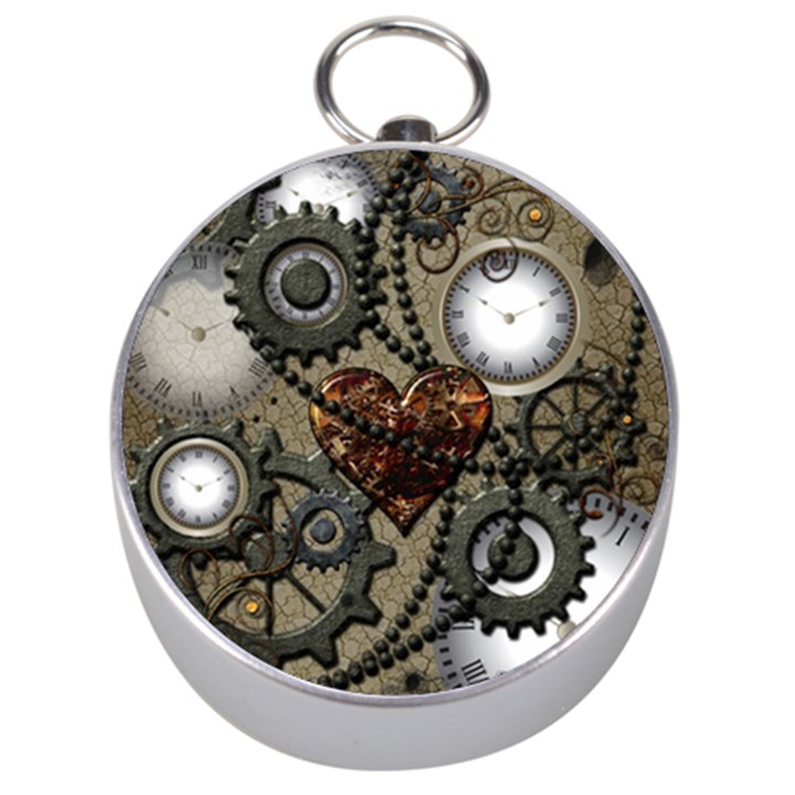 Steampunk With Clocks And Gears And Heart Silver Compasses