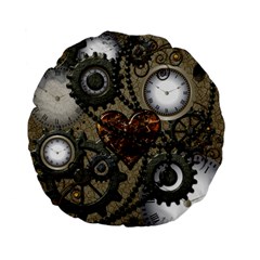 Steampunk With Clocks And Gears And Heart Standard 15  Premium Flano Round Cushions