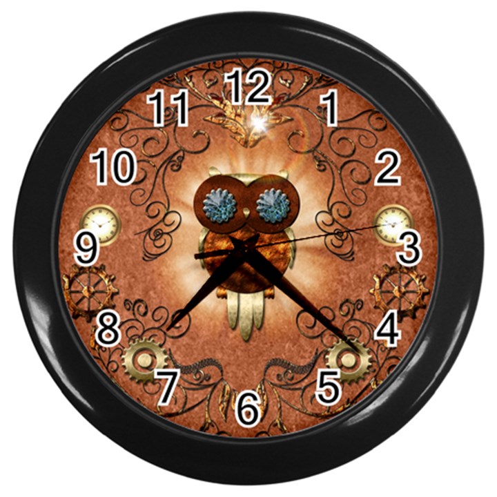 Steampunk, Funny Owl With Clicks And Gears Wall Clocks (Black)