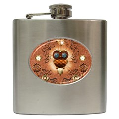 Steampunk, Funny Owl With Clicks And Gears Hip Flask (6 Oz) by FantasyWorld7