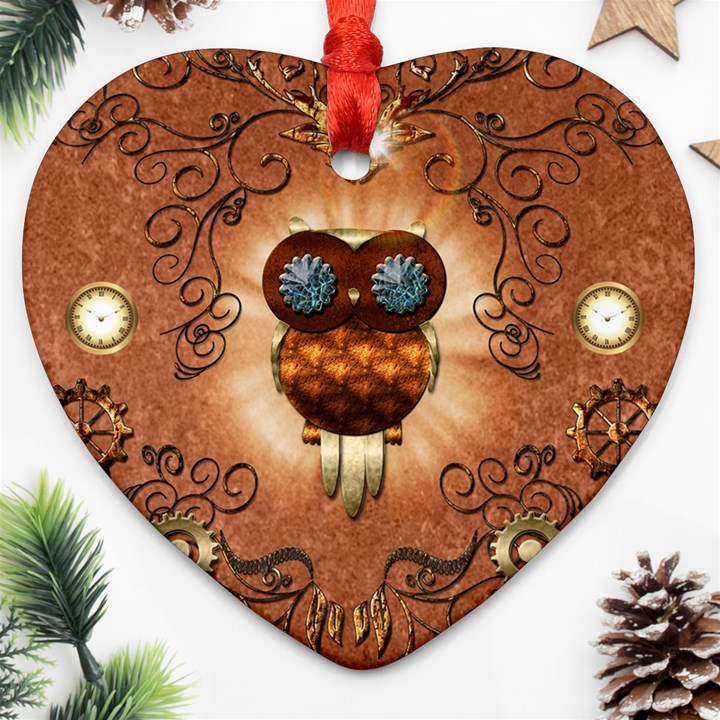 Steampunk, Funny Owl With Clicks And Gears Heart Ornament (2 Sides)