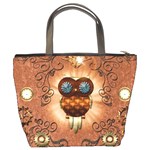 Steampunk, Funny Owl With Clicks And Gears Bucket Bags Back