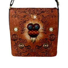 Steampunk, Funny Owl With Clicks And Gears Flap Messenger Bag (l)  by FantasyWorld7