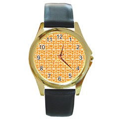 Yellow And White Owl Pattern Round Gold Metal Watches