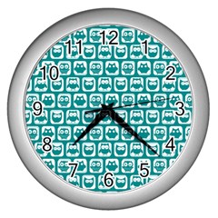 Teal And White Owl Pattern Wall Clocks (silver) 