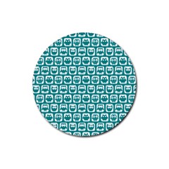 Teal And White Owl Pattern Rubber Coaster (round) 