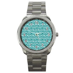 Teal And White Owl Pattern Sport Metal Watches by GardenOfOphir