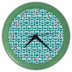 Teal And White Owl Pattern Color Wall Clocks by GardenOfOphir