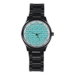 Teal And White Owl Pattern Stainless Steel Round Watches by GardenOfOphir