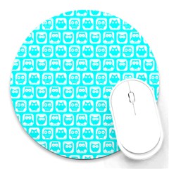 Aqua Turquoise And White Owl Pattern Round Mousepads by GardenOfOphir