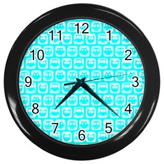 Aqua Turquoise And White Owl Pattern Wall Clocks (black) by GardenOfOphir