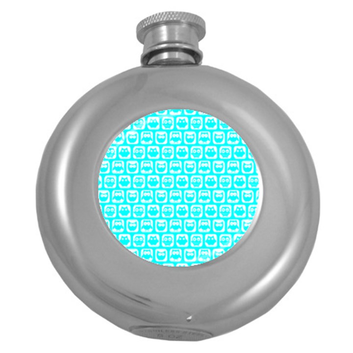 Aqua Turquoise And White Owl Pattern Round Hip Flask (5 oz)