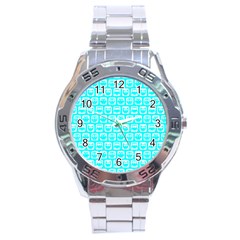 Aqua Turquoise And White Owl Pattern Stainless Steel Men s Watch by GardenOfOphir