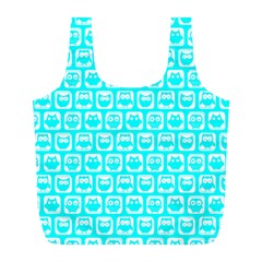 Aqua Turquoise And White Owl Pattern Full Print Recycle Bags (l) 