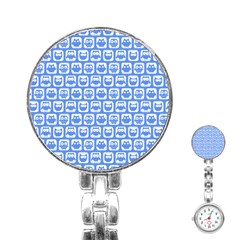 Blue And White Owl Pattern Stainless Steel Nurses Watches by GardenOfOphir