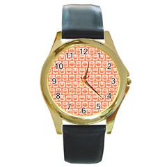 Coral And White Owl Pattern Round Gold Metal Watches