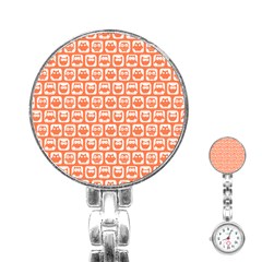 Coral And White Owl Pattern Stainless Steel Nurses Watches by GardenOfOphir