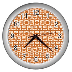 Orange And White Owl Pattern Wall Clocks (silver)  by GardenOfOphir