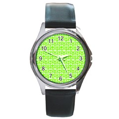 Lime Green And White Owl Pattern Round Metal Watches