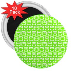 Lime Green And White Owl Pattern 3  Magnets (10 Pack) 