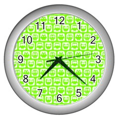 Lime Green And White Owl Pattern Wall Clocks (silver)  by GardenOfOphir