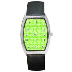 Lime Green And White Owl Pattern Barrel Metal Watches