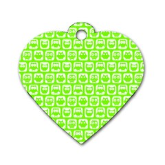 Lime Green And White Owl Pattern Dog Tag Heart (one Side) by GardenOfOphir