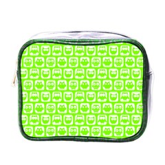 Lime Green And White Owl Pattern Mini Toiletries Bags by GardenOfOphir