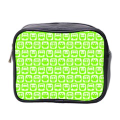 Lime Green And White Owl Pattern Mini Toiletries Bag 2-side by GardenOfOphir