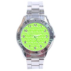 Lime Green And White Owl Pattern Stainless Steel Men s Watch by GardenOfOphir