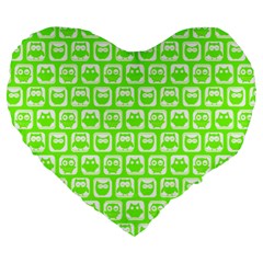 Lime Green And White Owl Pattern Large 19  Premium Heart Shape Cushions