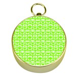 Lime Green And White Owl Pattern Gold Compasses Front