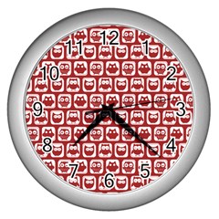 Red And White Owl Pattern Wall Clocks (silver)  by GardenOfOphir