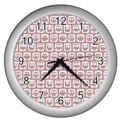 Light Pink And White Owl Pattern Wall Clocks (silver)  by GardenOfOphir