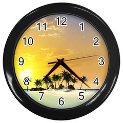 Beautiful Island In The Sunset Wall Clocks (black)