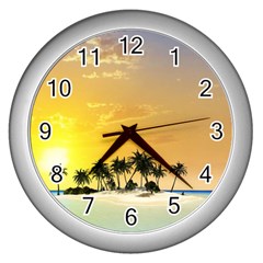 Beautiful Island In The Sunset Wall Clocks (silver)  by FantasyWorld7