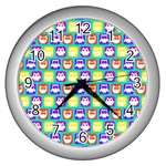 Colorful Whimsical Owl Pattern Wall Clocks (Silver)  Front