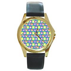 Colorful Whimsical Owl Pattern Round Gold Metal Watches