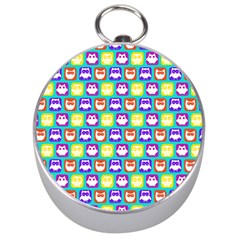 Colorful Whimsical Owl Pattern Silver Compasses