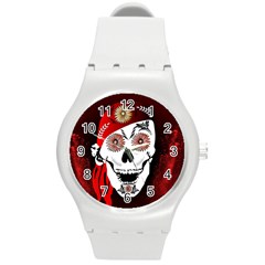 Funny Happy Skull Round Plastic Sport Watch (m) by FantasyWorld7