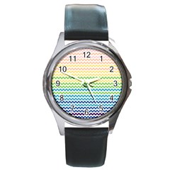 Pastel Gradient Rainbow Chevron Round Metal Watches