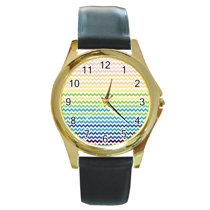 Pastel Gradient Rainbow Chevron Round Gold Metal Watches