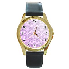 Purple Damask Gradient Round Gold Metal Watches by CraftyLittleNodes