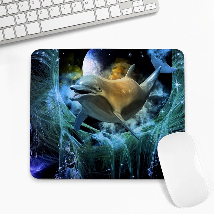 Funny Dolphin In The Universe Large Mousepads