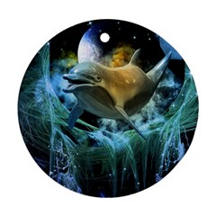 Funny Dolphin In The Universe Round Ornament (two Sides) 