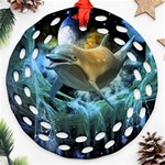 Funny Dolphin In The Universe Ornament (Round Filigree)  Front