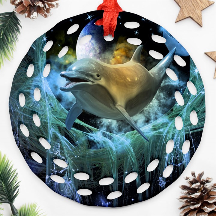 Funny Dolphin In The Universe Ornament (Round Filigree) 