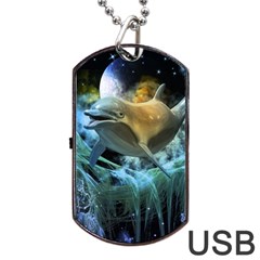 Funny Dolphin In The Universe Dog Tag Usb Flash (two Sides) 